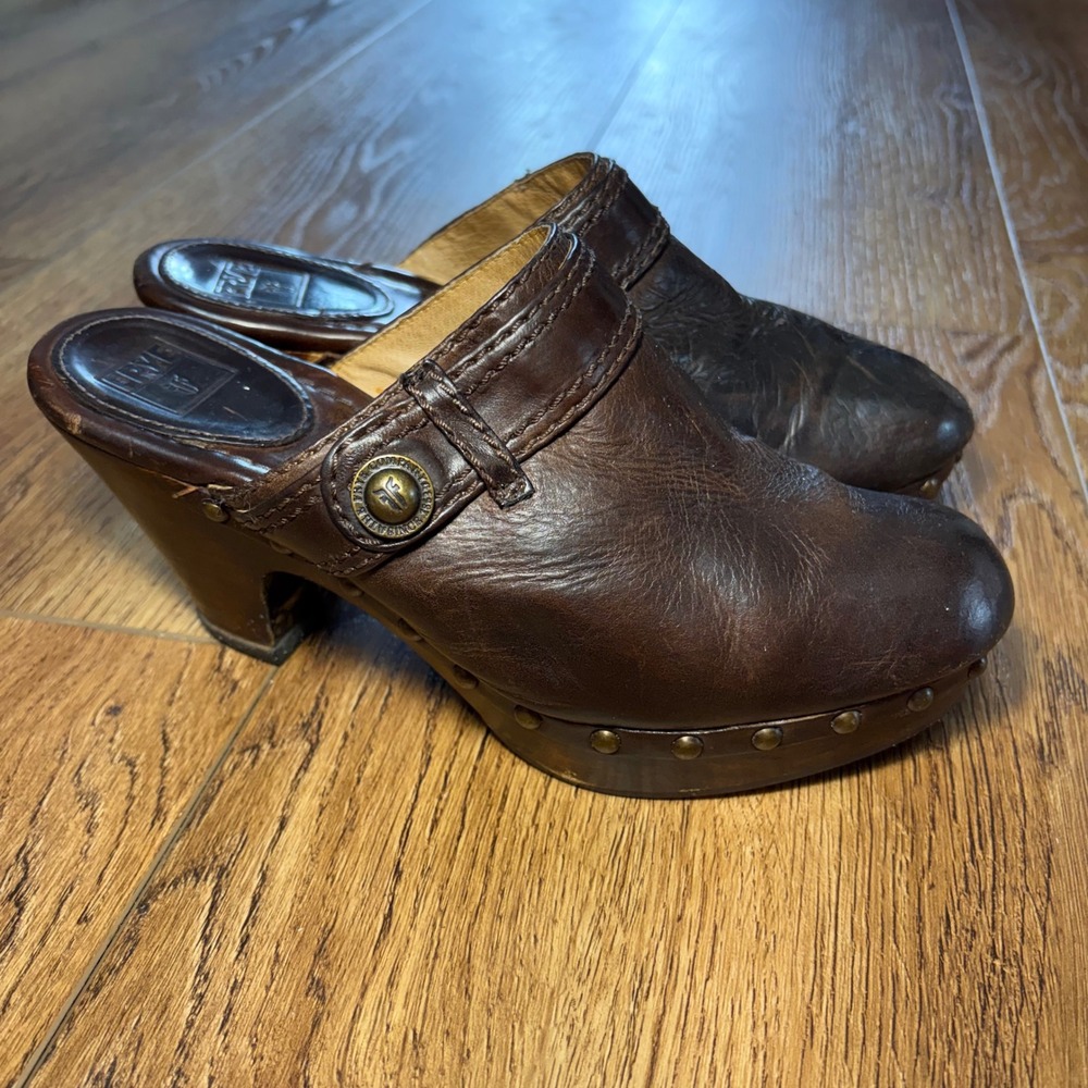 Frye Audra Heel Leather Clogs Mule Slide On 3.5" High-Heel Stud Brown Womens 8 M